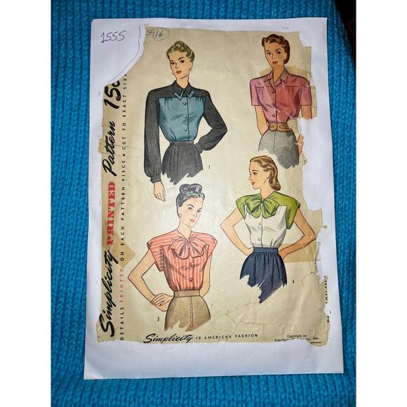 Simplicity 1555 Pattern blouse kitten bow 1950s size 16 - Picture 1 of 7